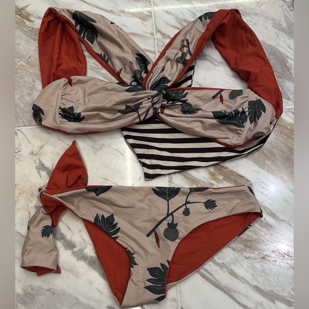 Red and Tan Floral Bikini with Knotted Bandeau